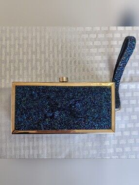RARE 1960's Beaded Tyrolean Rectangular Wristlet Clutch in Navy Blue